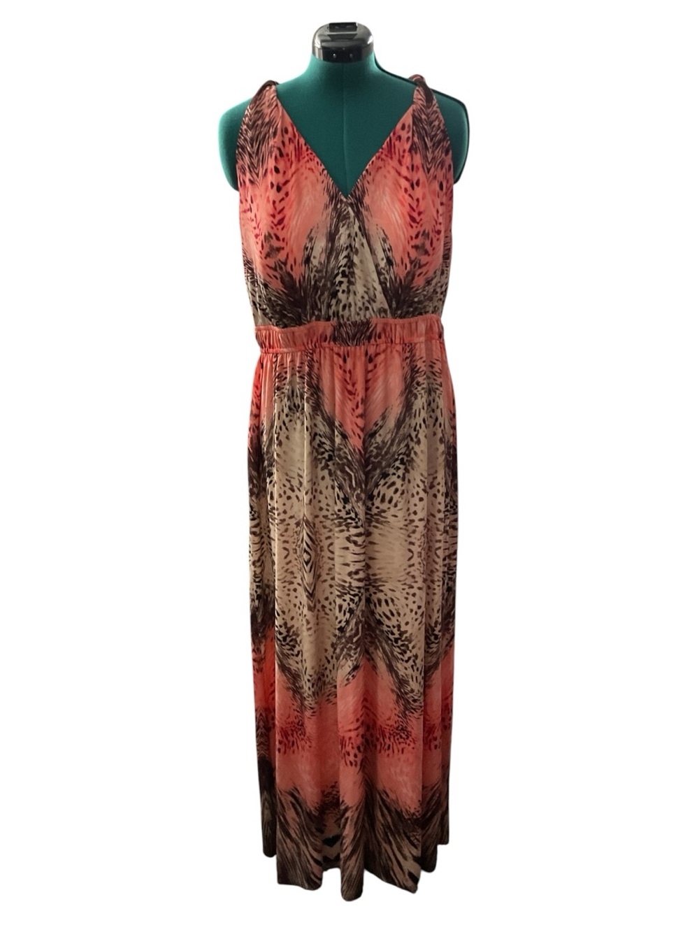 Glamour Coral and Tan Printed V-Neck Maxi Dress P:23” L:61”
